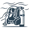 An icon showing a BCD strapped to a tank. It represents Private Dive Cancun's scuba equipment set-up service.